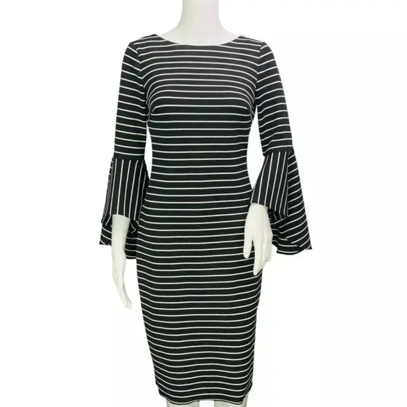 Calvin Klein | Dresses | Calvin Klein Black White Striped Bell Sleeve  Cocktail Dress | Poshmark
